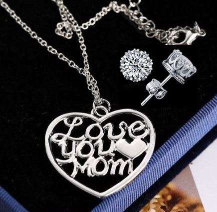 Elegant Silver Plated Jewelry Set With Love You Mom Heart Pendant in Complimentary Gift Box