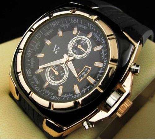 Elegant & Sporty V6 Stainless Steel & Silicone Men's Quartz Wrist Watch in Black & Gold
