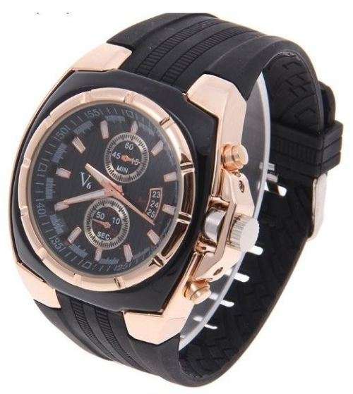 Elegant & Sporty V6 Stainless Steel & Silicone Men's Quartz Wrist Watch in Black & Gold