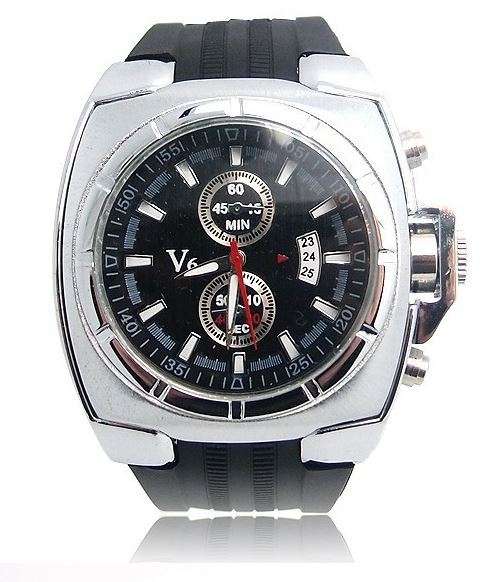 Elegant & Sporty V6 Stainless Steel & Silicone Men's Quartz Wrist Watch in Black & Silver