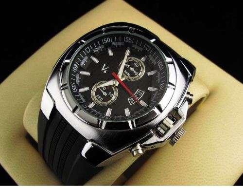 Elegant & Sporty V6 Stainless Steel & Silicone Men's Quartz Wrist Watch in Black & Silver