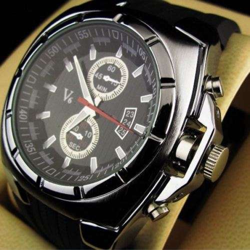 Elegant & Sporty V6 Stainless Steel & Silicone Men's Quartz Wrist Watch in Black & Silver