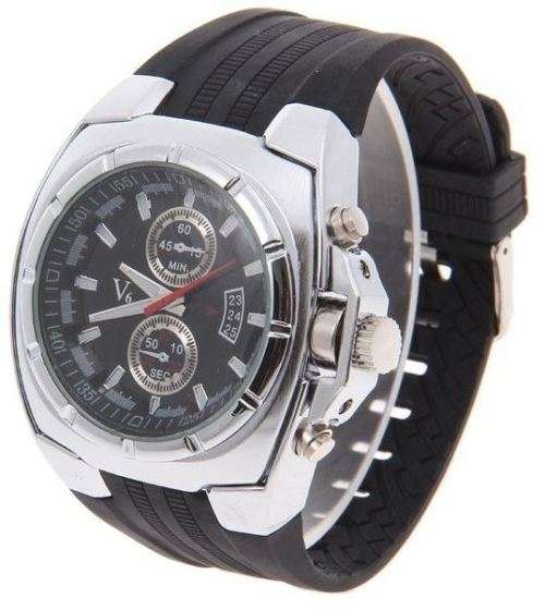 Elegant & Sporty V6 Stainless Steel & Silicone Men's Quartz Wrist Watch in Black & Silver