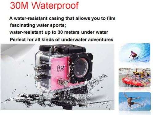 Full HD 1080P Sport Action Camera Camcoder, Waterproof, USB Cable, Car Charger, Full Set PINK