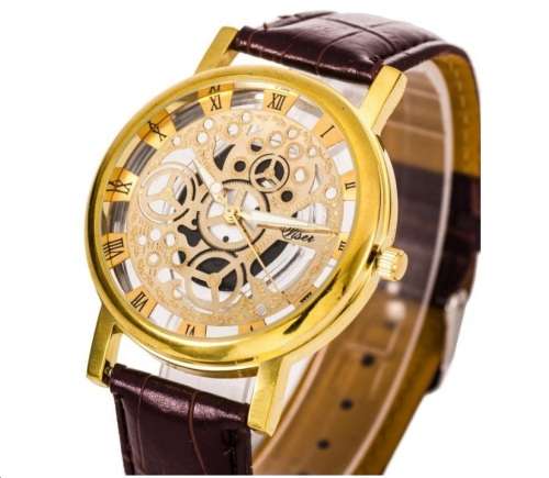 Trendy Men's Stainless Steel & Leather Skeleton Wrist Watch in Gold & Brown