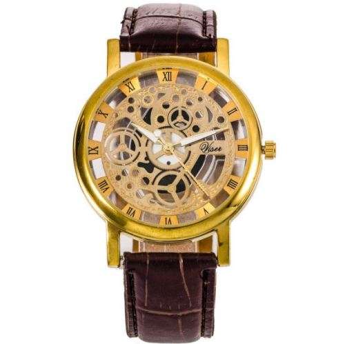 Trendy Men's Stainless Steel & Leather Skeleton Wrist Watch in Gold & Brown