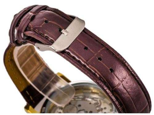 Trendy Men's Stainless Steel & Leather Skeleton Wrist Watch in Gold & Brown