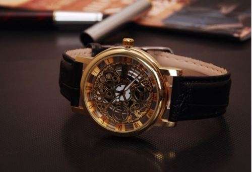 Trendy Men's Stainless Steel & Leather Skeleton Wrist Watch in Gold & Brown