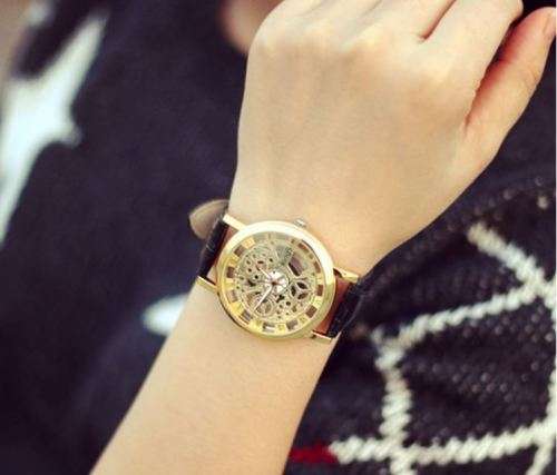 Trendy Men's Stainless Steel & Leather Skeleton Wrist Watch in Gold & Brown