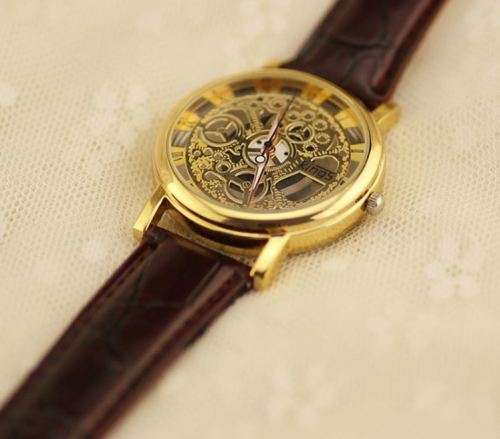 Trendy Men's Stainless Steel & Leather Skeleton Wrist Watch in Gold & Brown