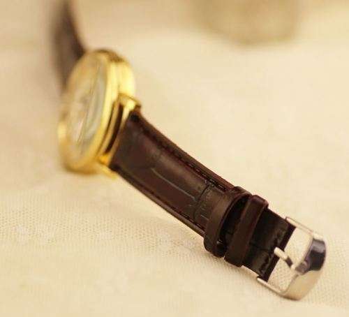 Trendy Men's Stainless Steel & Leather Skeleton Wrist Watch in Gold & Brown