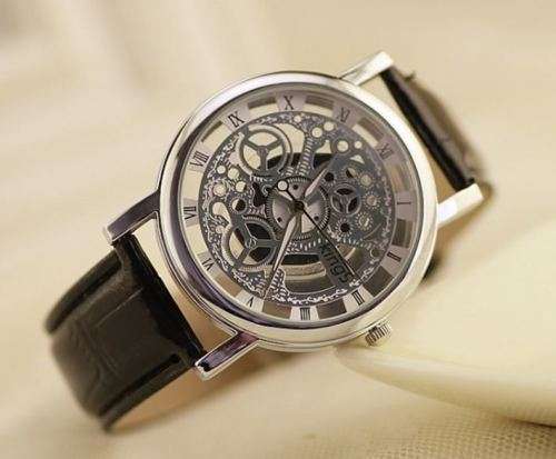 Trendy Men's Stainless Steel & Leather Skeleton Wrist Watch in Black & Silver in Gift Box