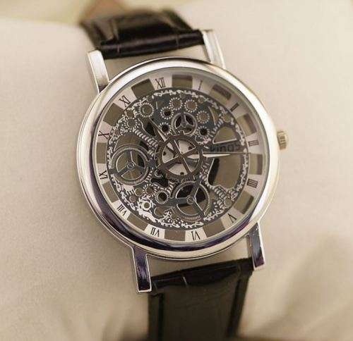Trendy Men's Stainless Steel & Leather Skeleton Wrist Watch in Black & Silver in Gift Box