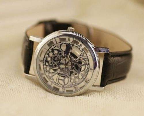 Trendy Men's Stainless Steel & Leather Skeleton Wrist Watch in Black & Silver in Gift Box