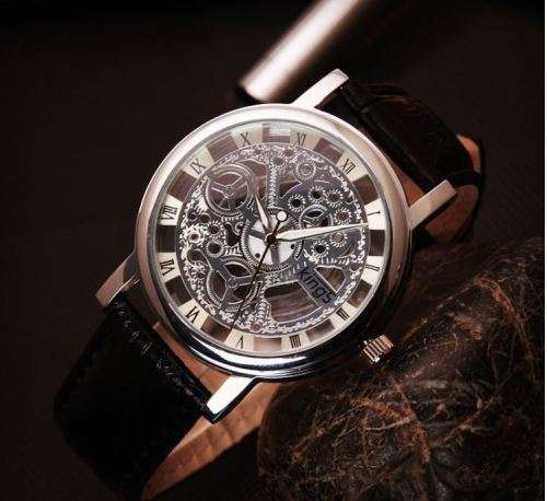 Trendy Men's Stainless Steel & Leather Skeleton Wrist Watch in Black & Silver in Gift Box
