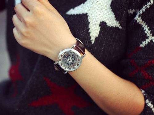 Trendy Men's Stainless Steel & Leather Skeleton Wrist Watch in Brown & Silver in Gift Box