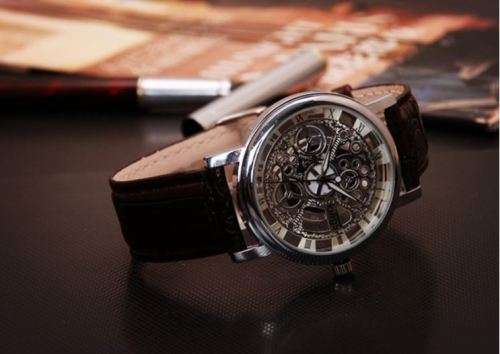 Trendy Men's Stainless Steel & Leather Skeleton Wrist Watch in Black & Silver in Gift Box