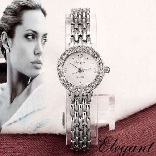 Elegant Ladies Silver Rhinestone Stainless Steel Analog Quartz Wrist Watch in Gift Box