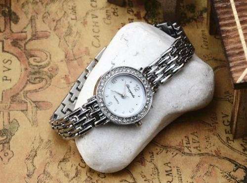 Elegant Ladies Silver Rhinestone Stainless Steel Analog Quartz Wrist Watch in Gift Box