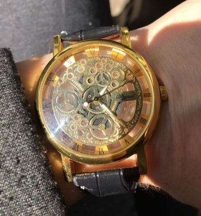 Trendy Men's Stainless Steel & Leather Skeleton Wrist Watch in Gold & Black