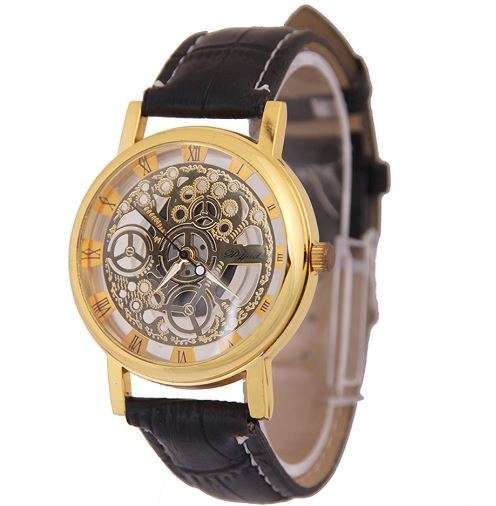 Trendy Men's Stainless Steel & Leather Skeleton Wrist Watch in Gold & Black