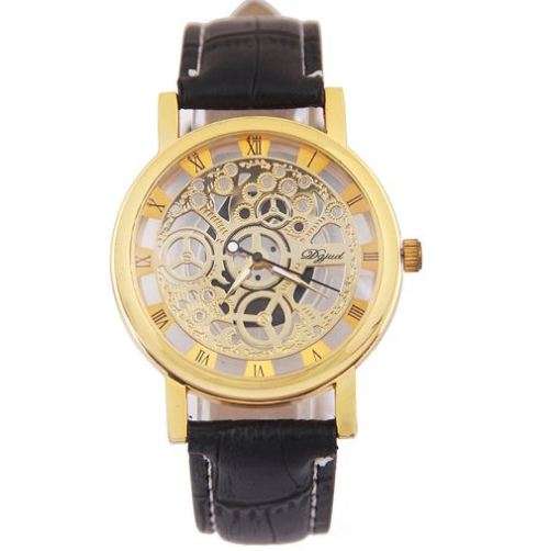 Trendy Men's Stainless Steel & Leather Skeleton Wrist Watch in Gold & Black