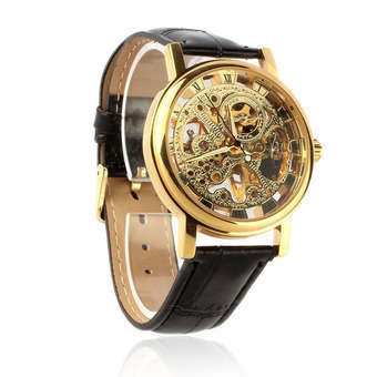 Trendy Men's Stainless Steel & Leather Skeleton Wrist Watch in Gold & Black