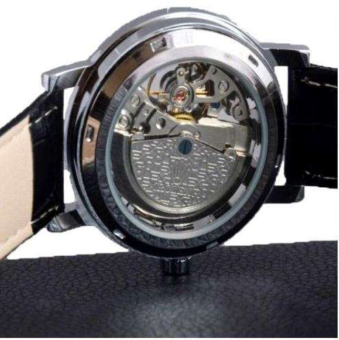 Trendy Men's Stainless Steel & Leather Skeleton Wrist Watch in Gold & Black