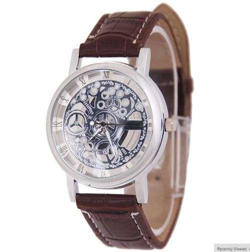Trendy Men's Stainless Steel & Leather Skeleton Wrist Watch in Brown & Silver in Gift Box
