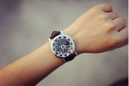 Trendy Men's Stainless Steel & Leather Skeleton Wrist Watch in Brown & Silver in Gift Box