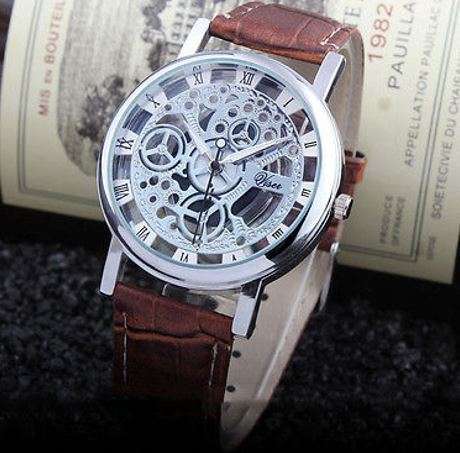 Trendy Men's Stainless Steel & Leather Skeleton Wrist Watch in Brown & Silver in Gift Box