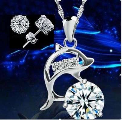 Elegant 925 Silver Cubic Zirconia Dolphin Pendant Jewelry Set in Complimentary GIFT BOX