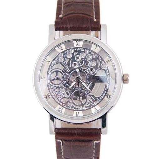 Trendy Men's Stainless Steel & Leather Skeleton Wrist Watch in Brown & Silver in Gift Box
