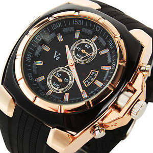 Elegant & Sporty V6 Stainless Steel & Silicone Men's Quartz Wrist Watch in Black & Gold