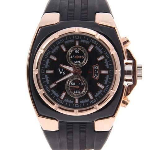 Elegant & Sporty V6 Stainless Steel & Silicone Men's Quartz Wrist Watch in Black & Gold