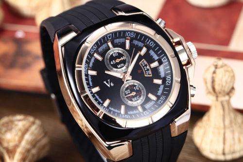 Elegant & Sporty V6 Stainless Steel & Silicone Men's Quartz Wrist Watch in Black & Gold