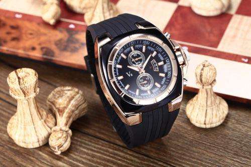 Elegant & Sporty V6 Stainless Steel & Silicone Men's Quartz Wrist Watch in Black & Gold