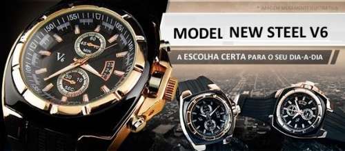 Elegant & Sporty V6 Stainless Steel & Silicone Men's Quartz Wrist Watch in Black & Gold