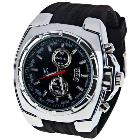 Elegant & Sporty V6 Stainless Steel & Silicone Men's Quartz Wrist Watch in Black & Silver