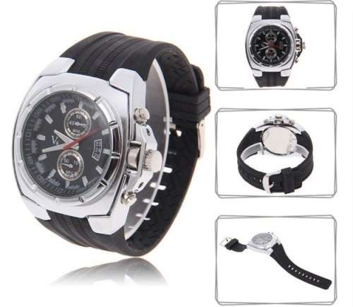 Elegant & Sporty V6 Stainless Steel & Silicone Men's Quartz Wrist Watch in Black & Silver