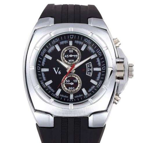 Elegant & Sporty V6 Stainless Steel & Silicone Men's Quartz Wrist Watch in Black & Silver