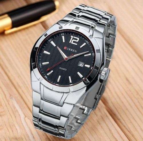 Elegant CURREN AUTO DATE Mens Quartz Wrist Watch With Stainless Steel Strap - Black and Silver