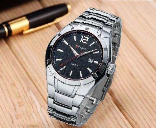 Elegant CURREN AUTO DATE Mens Quartz Wrist Watch With Stainless Steel Strap - Black and Silver