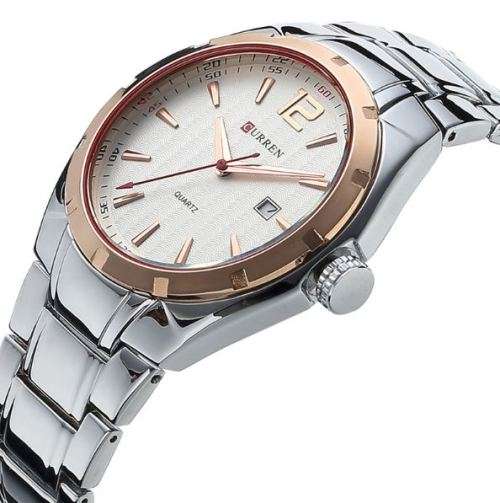Elegant CURREN AUTO DATE Mens Quartz Wrist Watch With Stainless Steel Strap - White, Gold & Silver