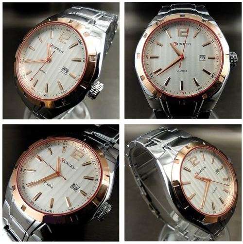 Elegant CURREN AUTO DATE Mens Quartz Wrist Watch With Stainless Steel Strap - White, Gold & Silver