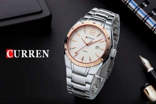 Elegant CURREN AUTO DATE Mens Quartz Wrist Watch With Stainless Steel Strap - White, Gold & Silver