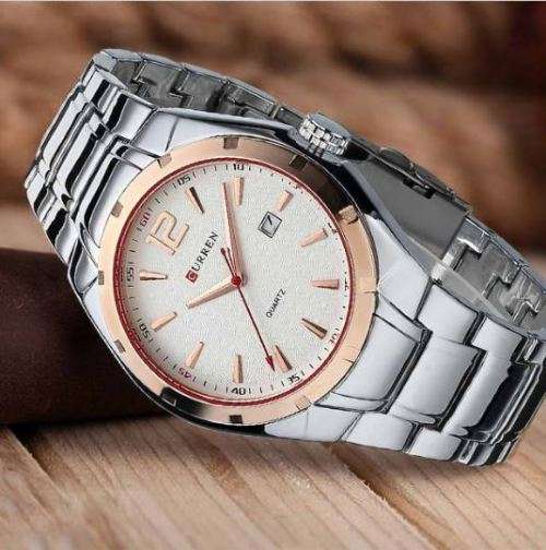 Elegant CURREN AUTO DATE Mens Quartz Wrist Watch With Stainless Steel Strap - White, Gold & Silver