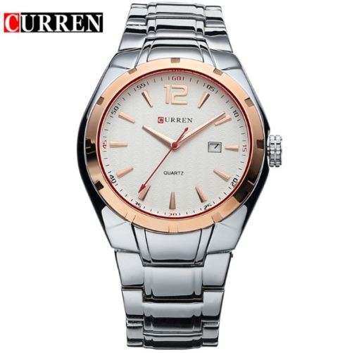 Elegant CURREN AUTO DATE Mens Quartz Wrist Watch With Stainless Steel Strap - White, Gold & Silver