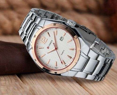 Elegant CURREN AUTO DATE Mens Quartz Wrist Watch With Stainless Steel Strap - White, Gold & Silver
