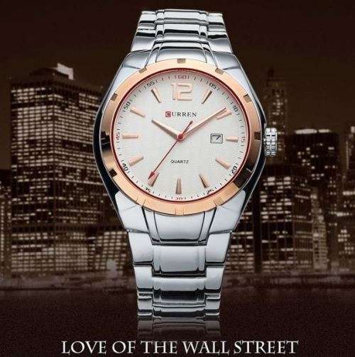 Elegant CURREN AUTO DATE Mens Quartz Wrist Watch With Stainless Steel Strap - White, Gold & Silver